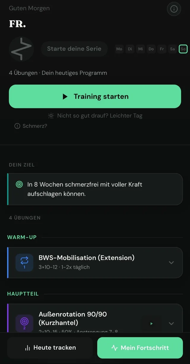 Trainings-App mit Tagesprogramm, Ziel und Übungen
