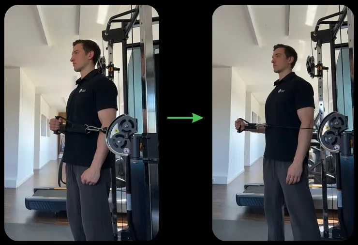 Außenrotation am Kabelzug: links isometrisch mit dem Unterarm vor dem Bauch, rechts dynamisch nach außen gedreht