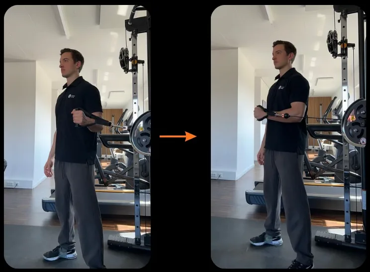 Innenrotation am Kabelzug: links isometrisch mit dem Unterarm seitlich, rechts dynamisch nach innen vor den Bauch gedreht